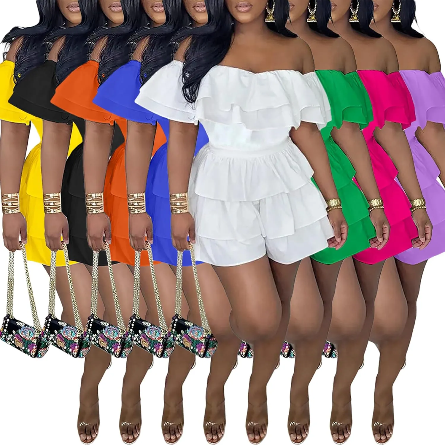 LAJIOJIO Jumpsuits for Women,Sexy Off the Shoulder Ruffle Hem Pleated Short Romper for Summer 2024