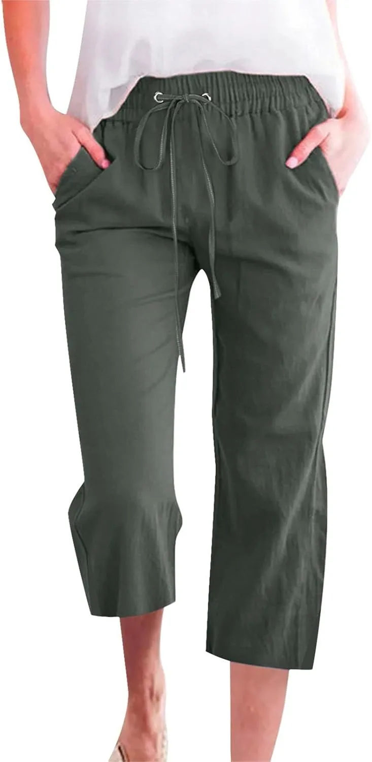 Linen Pants for Women 2025 Cotton Linen Elastic Seven Pants Beach Casual Pants Linen Trousers with Side Pockets