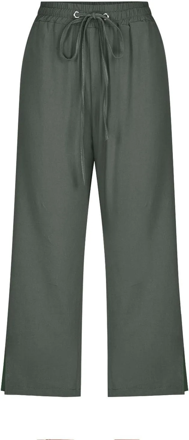 Linen Pants for Women 2025 Cotton Linen Elastic Seven Pants Beach Casual Pants Linen Trousers with Side Pockets