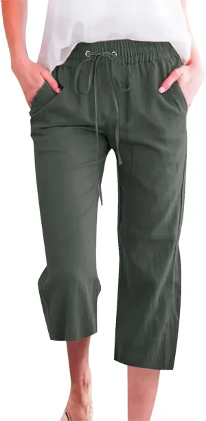 Linen Pants for Women 2025 Cotton Linen Elastic Seven Pants Beach Casual Pants Linen Trousers with Side Pockets
