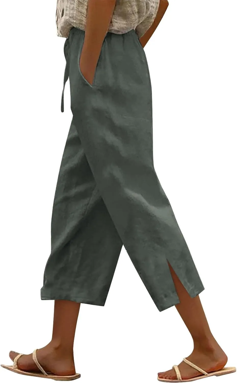 Linen Pants for Women 2025 Cotton Linen Elastic Seven Pants Beach Casual Pants Linen Trousers with Side Pockets