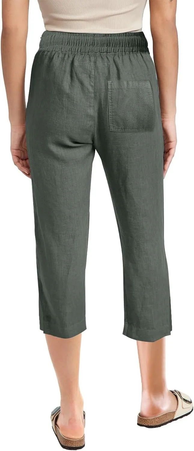 Linen Pants for Women 2025 Cotton Linen Elastic Seven Pants Beach Casual Pants Linen Trousers with Side Pockets