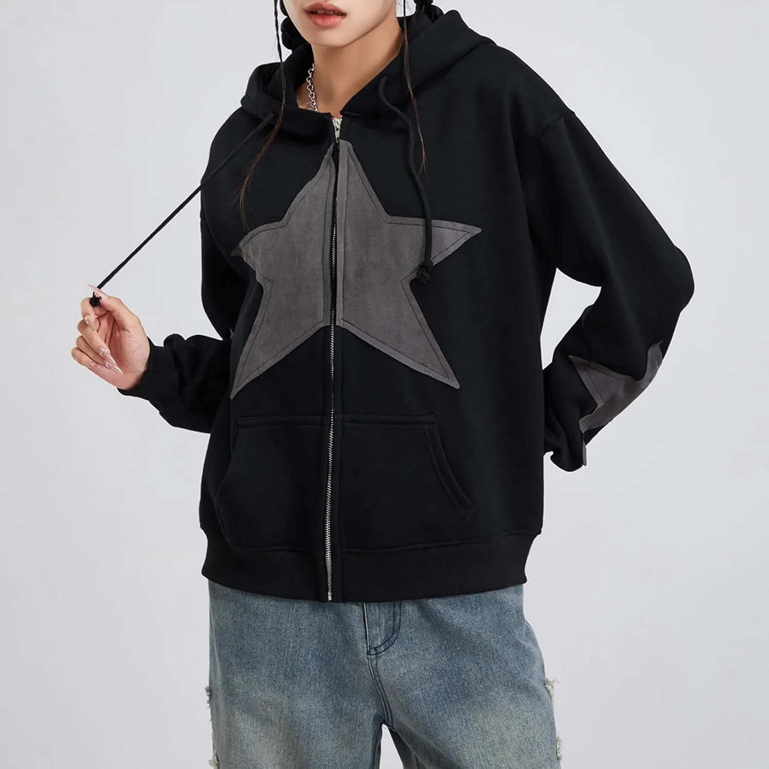 lisenraIn Women Teen Girls Star Pattern Zip Up Hoodie Y2K Vintage Oversized Sweatshirt Spring Fall Aesthetic Trendy Jacket