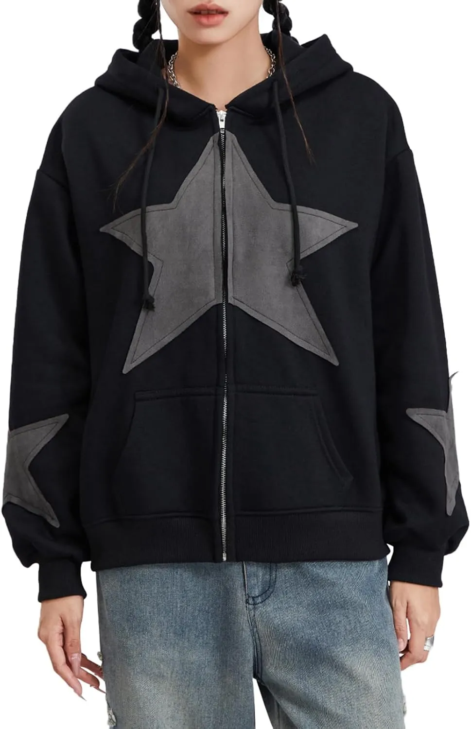 lisenraIn Women Teen Girls Star Pattern Zip Up Hoodie Y2K Vintage Oversized Sweatshirt Spring Fall Aesthetic Trendy Jacket