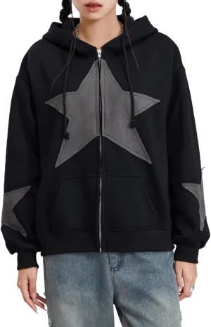 lisenraIn Women Teen Girls Star Pattern Zip Up Hoodie Y2K Vintage Oversized Sweatshirt Spring Fall Aesthetic Trendy Jacket