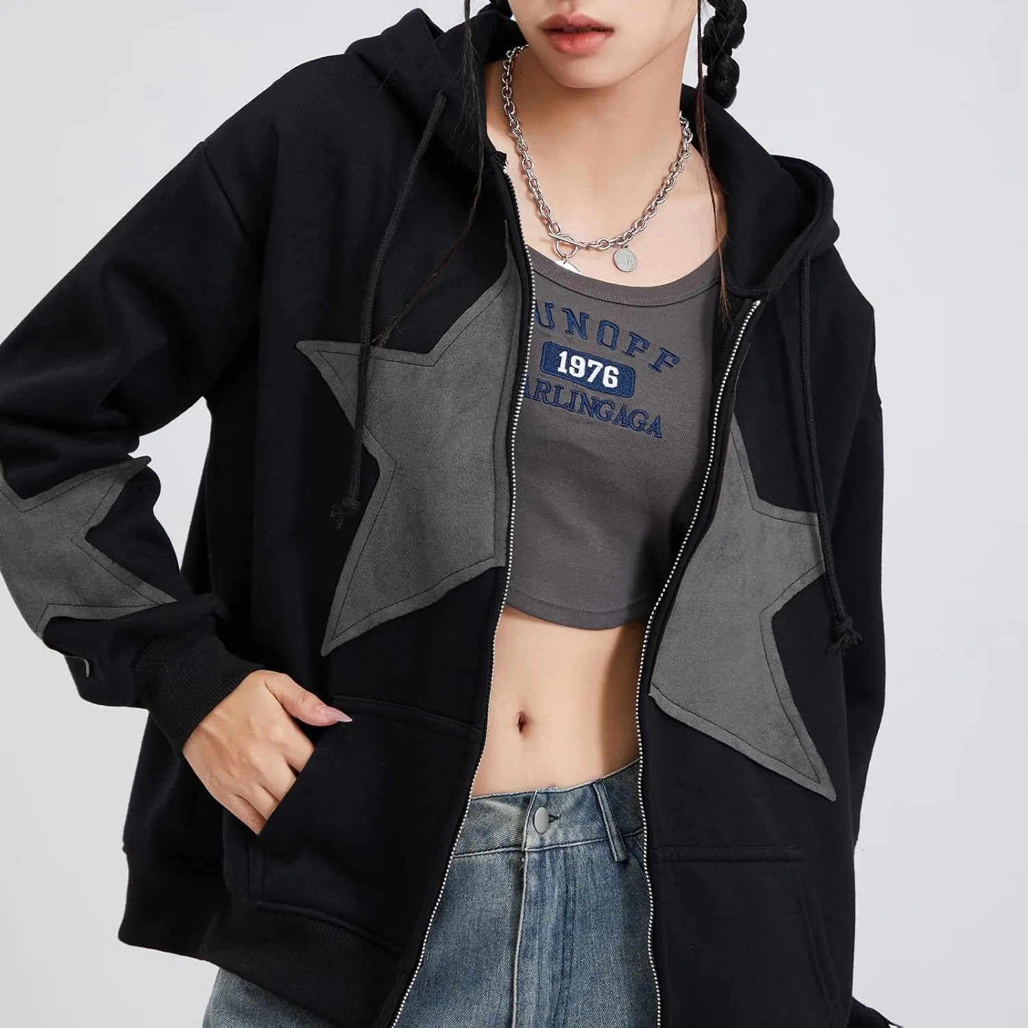 lisenraIn Women Teen Girls Star Pattern Zip Up Hoodie Y2K Vintage Oversized Sweatshirt Spring Fall Aesthetic Trendy Jacket