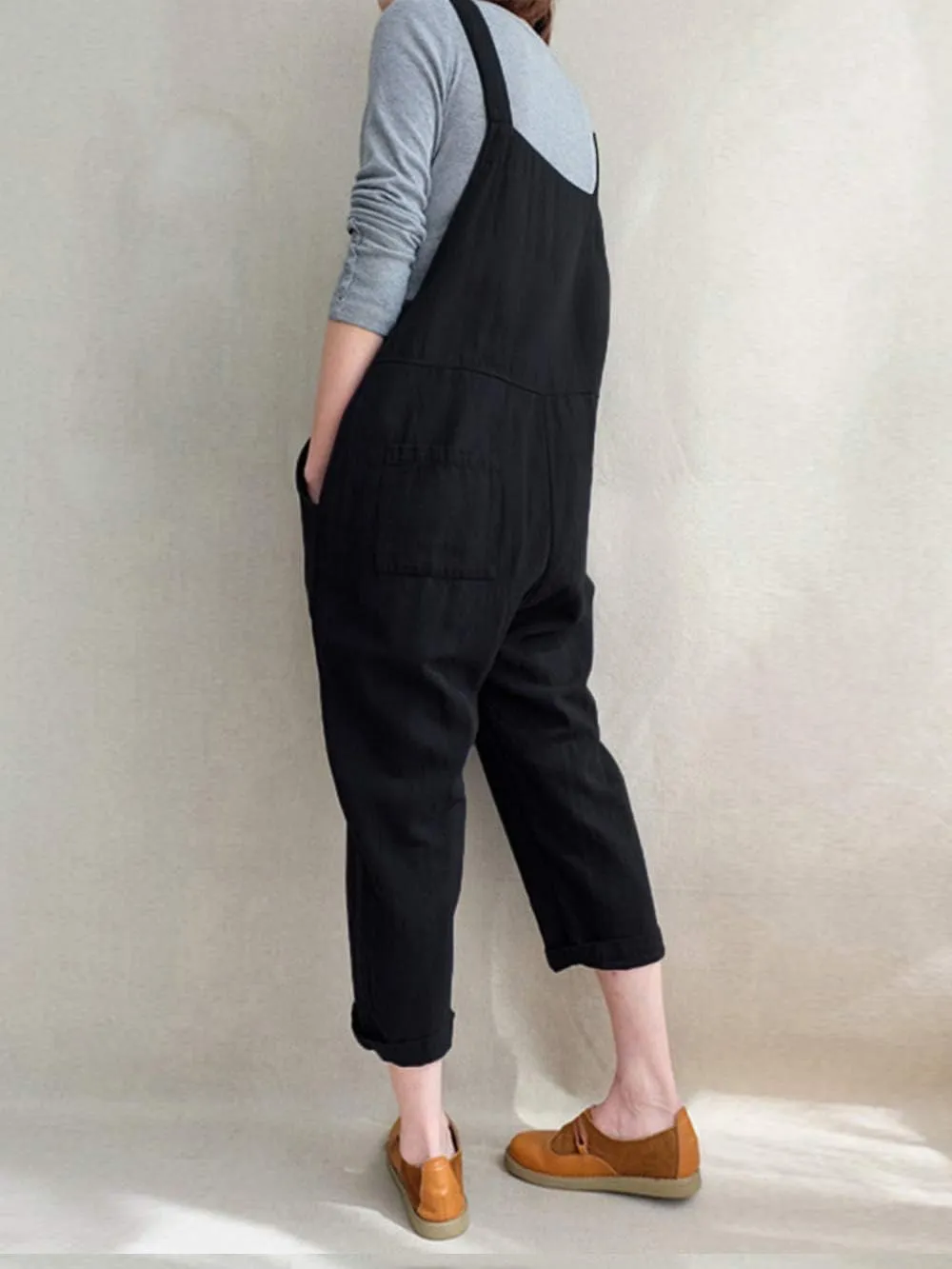 Lncropo Women's Baggy Linen Overalls Jumpsuit Loose Rompers Wide Leg Casual Pants with Pockets