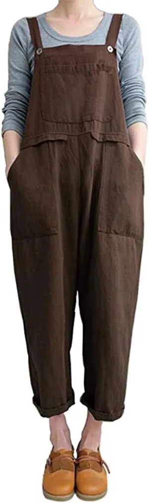 Lncropo Women's Baggy Linen Overalls Jumpsuit Loose Rompers Wide Leg Casual Pants with Pockets