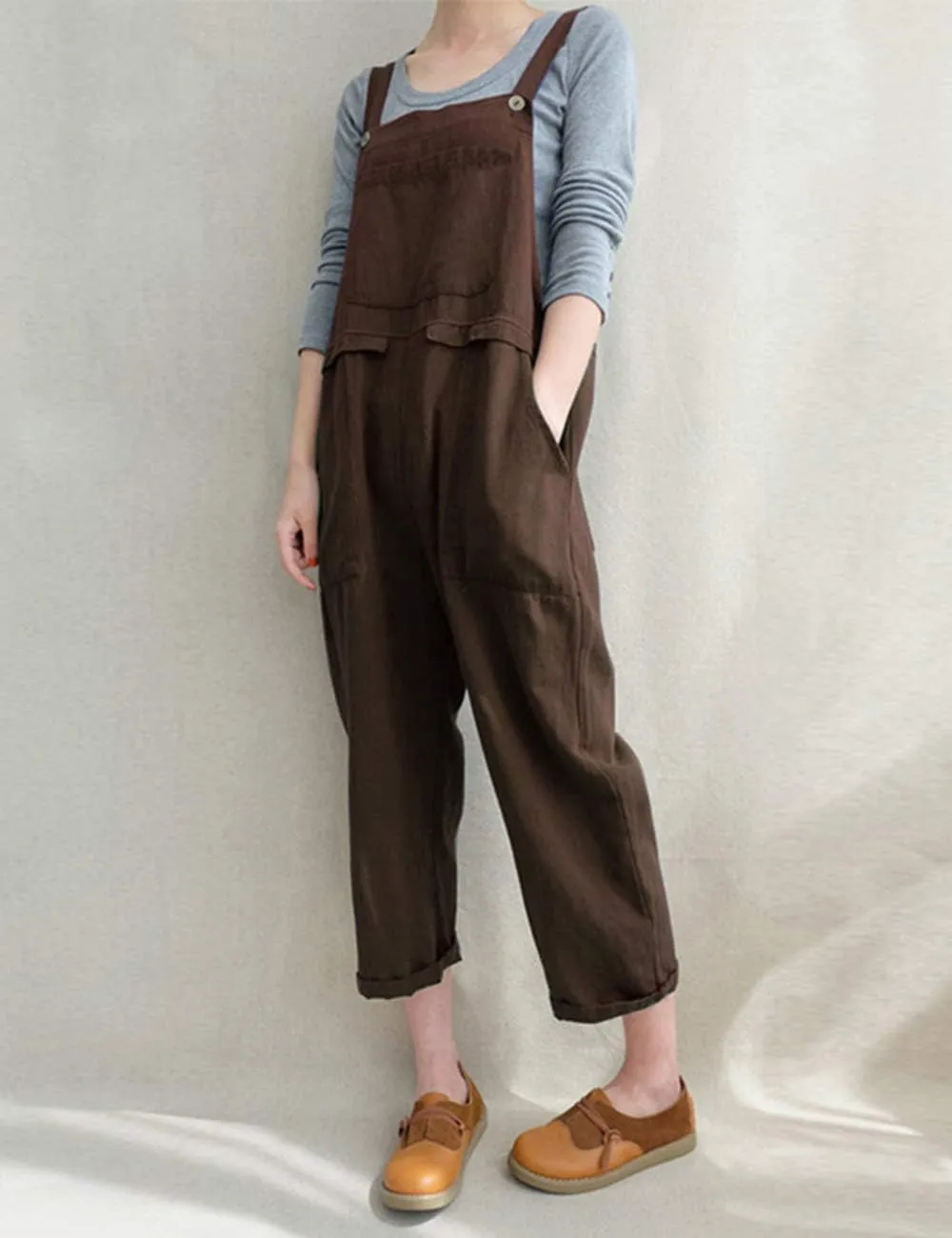 Lncropo Women's Baggy Linen Overalls Jumpsuit Loose Rompers Wide Leg Casual Pants with Pockets