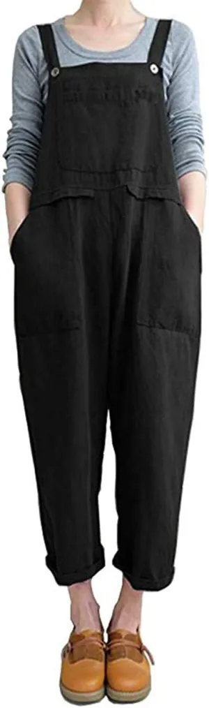 Lncropo Women's Baggy Linen Overalls Jumpsuit Loose Rompers Wide Leg Casual Pants with Pockets