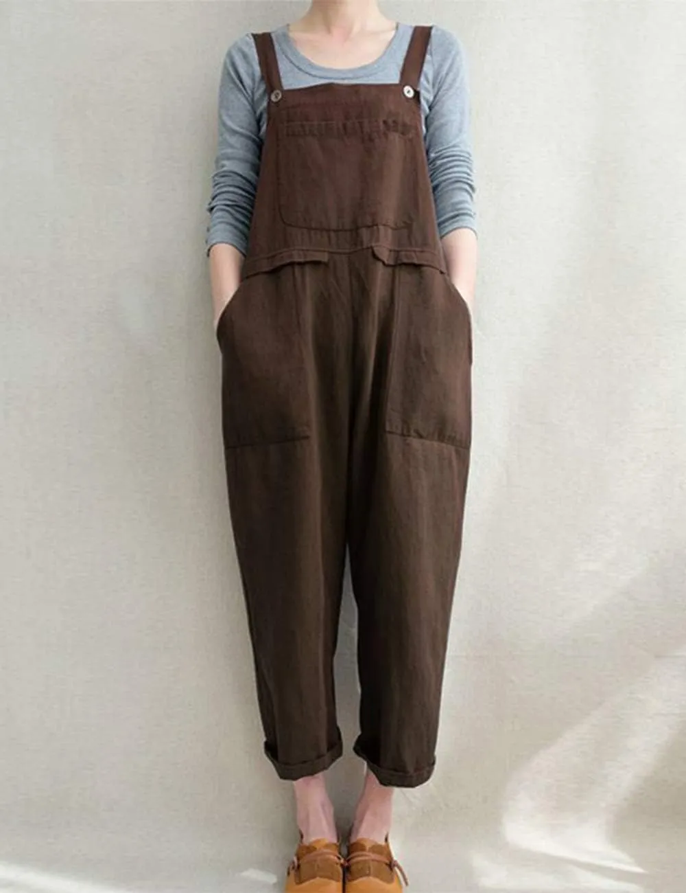 Lncropo Women's Baggy Linen Overalls Jumpsuit Loose Rompers Wide Leg Casual Pants with Pockets