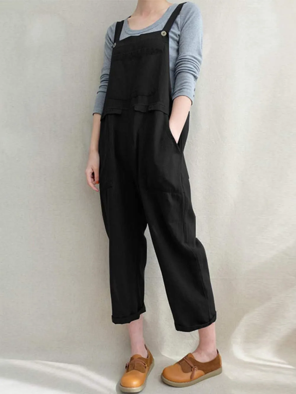 Lncropo Women's Baggy Linen Overalls Jumpsuit Loose Rompers Wide Leg Casual Pants with Pockets