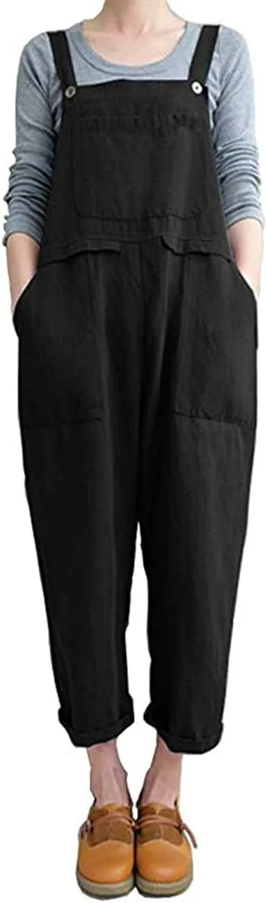 Lncropo Women's Baggy Linen Overalls Jumpsuit Loose Rompers Wide Leg Casual Pants with Pockets