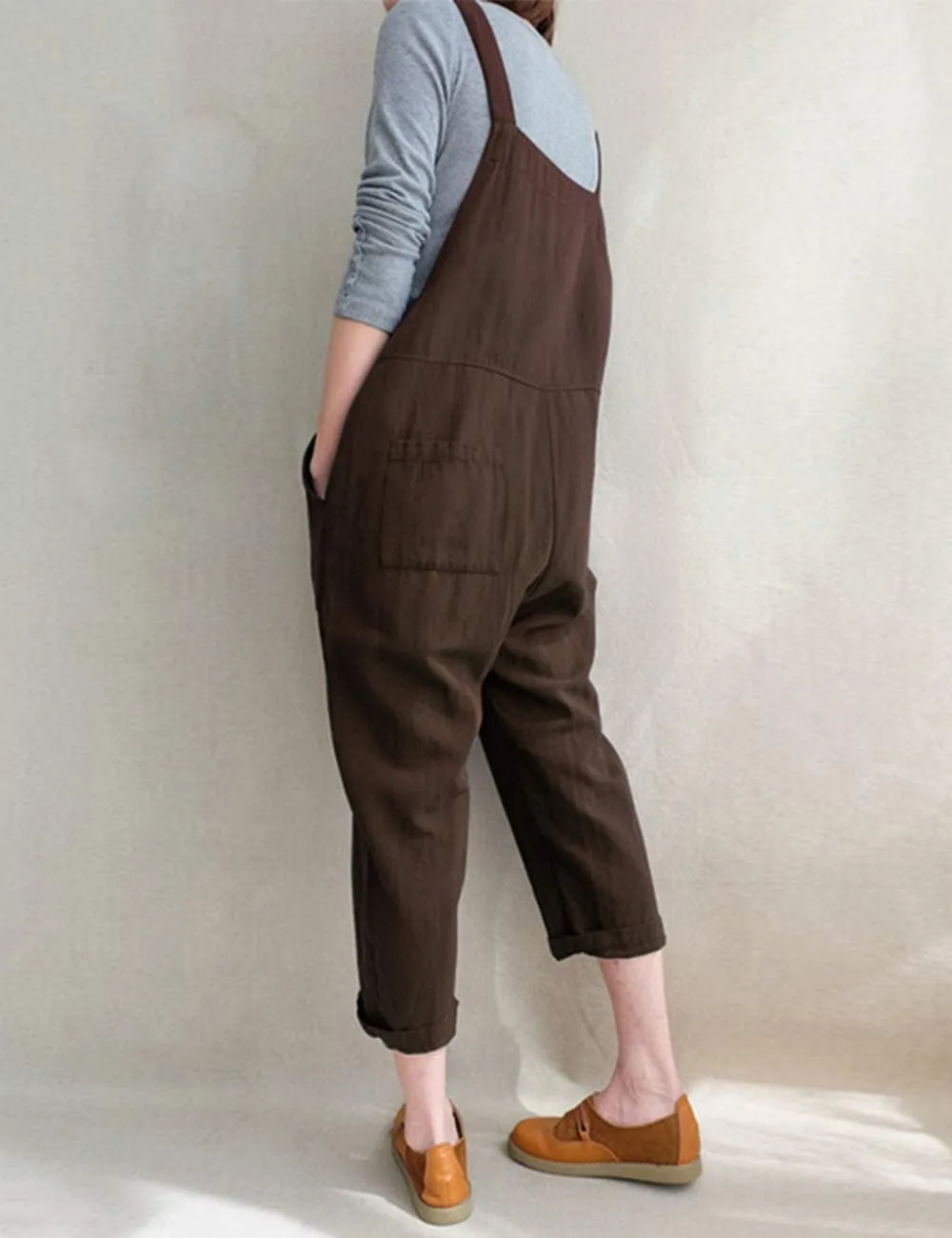 Lncropo Women's Baggy Linen Overalls Jumpsuit Loose Rompers Wide Leg Casual Pants with Pockets