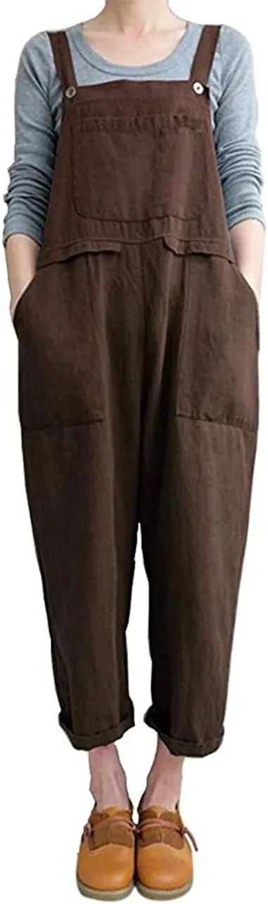 Lncropo Women's Baggy Linen Overalls Jumpsuit Loose Rompers Wide Leg Casual Pants with Pockets