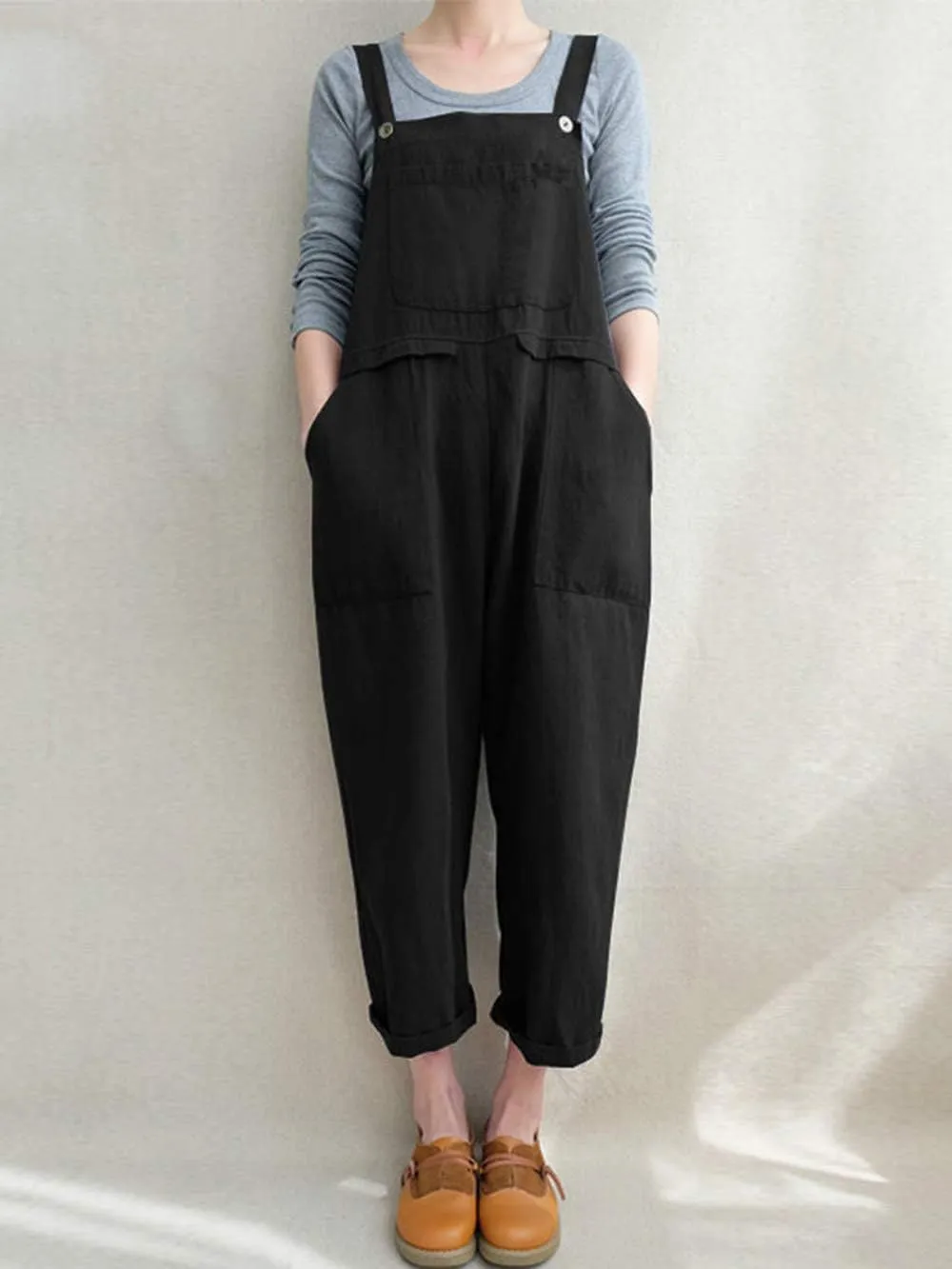 Lncropo Women's Baggy Linen Overalls Jumpsuit Loose Rompers Wide Leg Casual Pants with Pockets