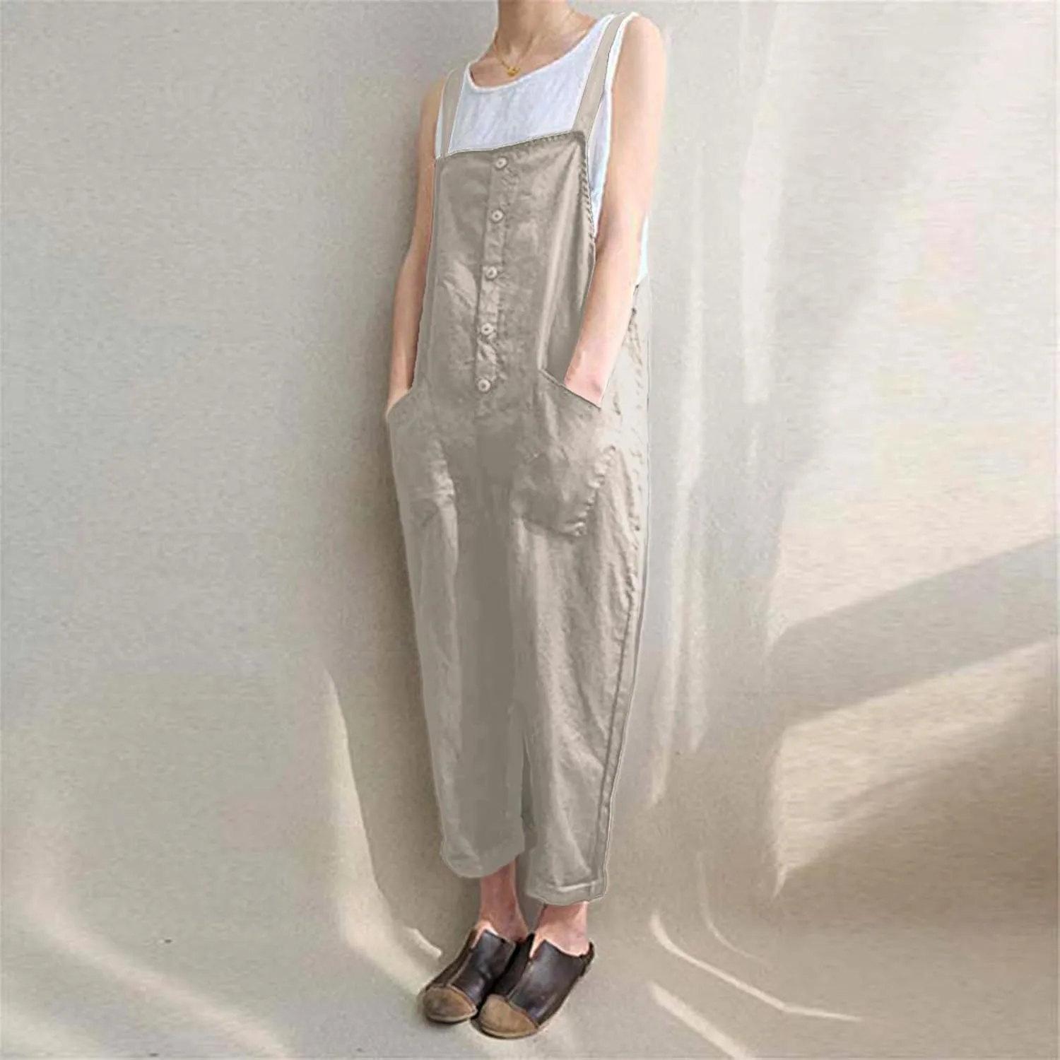 Lncropo Women's Baggy Overalls Linen Jumpsuit Rompers Harem Wide Leg Casual Pants