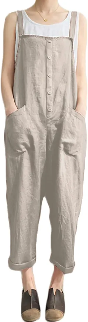 Lncropo Women's Baggy Overalls Linen Jumpsuit Rompers Harem Wide Leg Casual Pants