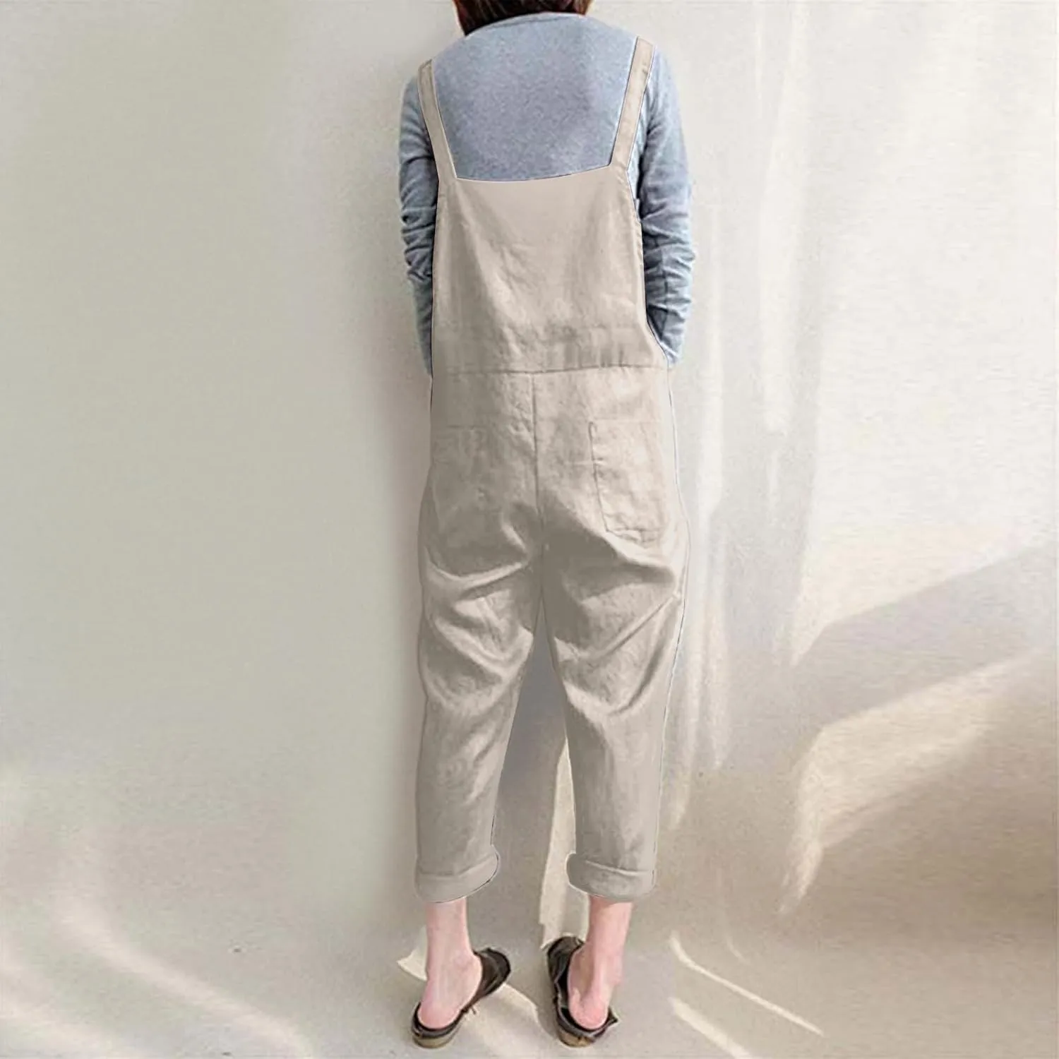 Lncropo Women's Baggy Overalls Linen Jumpsuit Rompers Harem Wide Leg Casual Pants