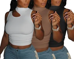 LovelyWholesale Womens 3 Pack Cut Out Crop Tops Mock Neck Summer Tank Top Sleeveless Shirt