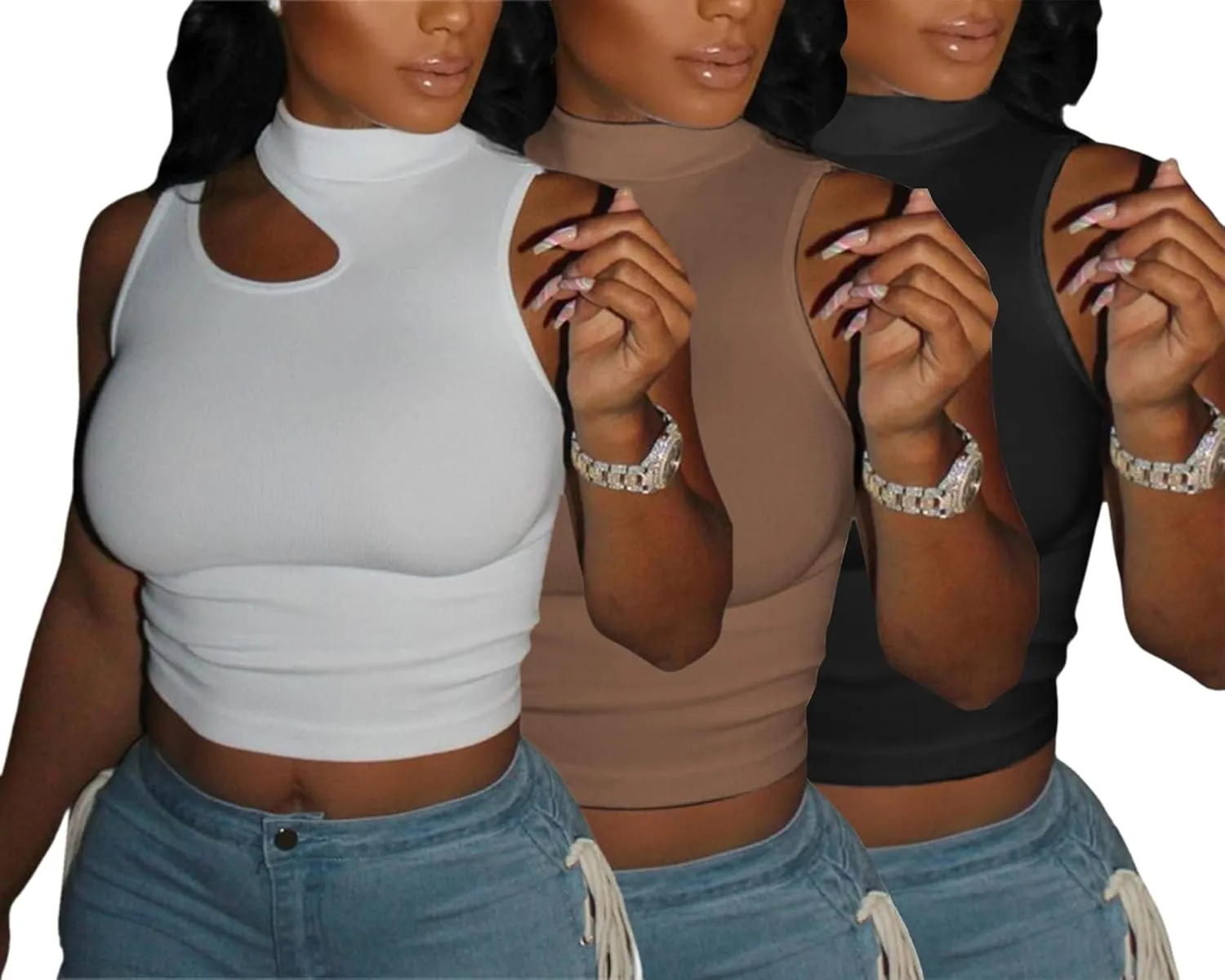 LovelyWholesale Womens 3 Pack Cut Out Crop Tops Mock Neck Summer Tank Top Sleeveless Shirt