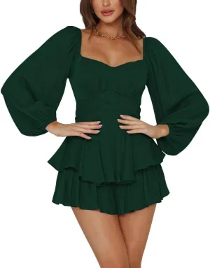 LYANER Women's Jumpsuit Lantern Long Sleeve Ruffle Layer Tie Mini Short Romper