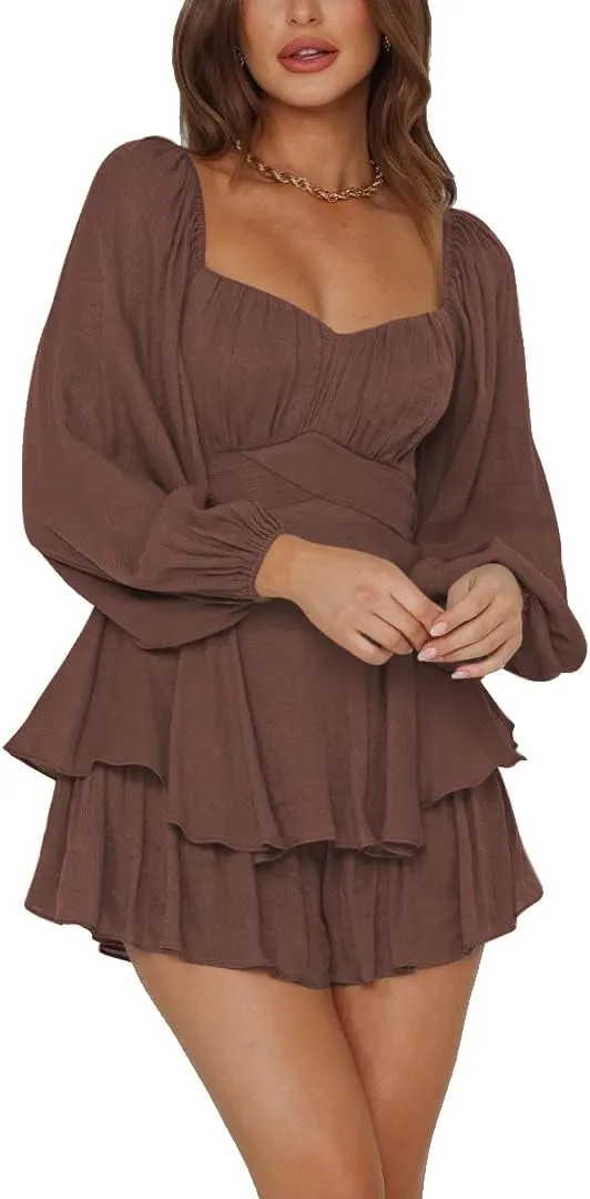 LYANER Women's Jumpsuit Lantern Long Sleeve Ruffle Layer Tie Mini Short Romper