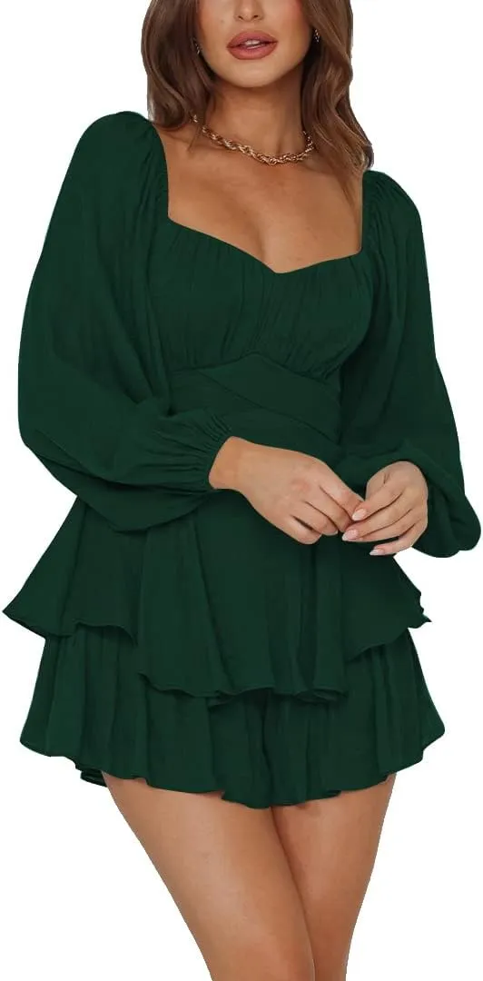 LYANER Women's Jumpsuit Lantern Long Sleeve Ruffle Layer Tie Mini Short Romper