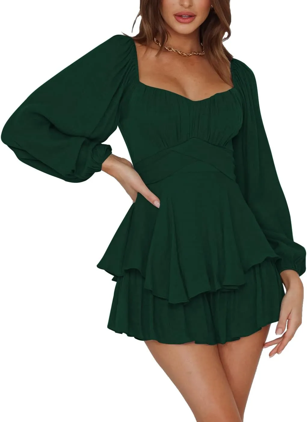 LYANER Women's Jumpsuit Lantern Long Sleeve Ruffle Layer Tie Mini Short Romper