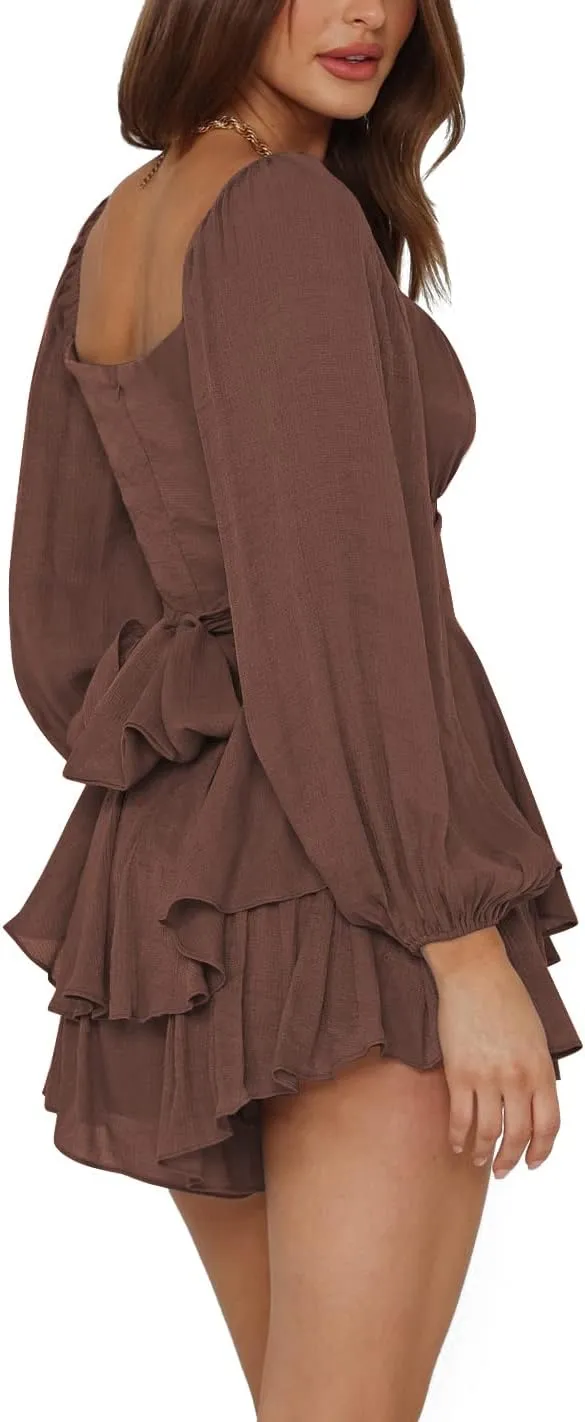 LYANER Women's Jumpsuit Lantern Long Sleeve Ruffle Layer Tie Mini Short Romper