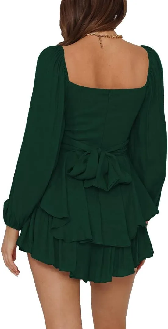 LYANER Women's Jumpsuit Lantern Long Sleeve Ruffle Layer Tie Mini Short Romper