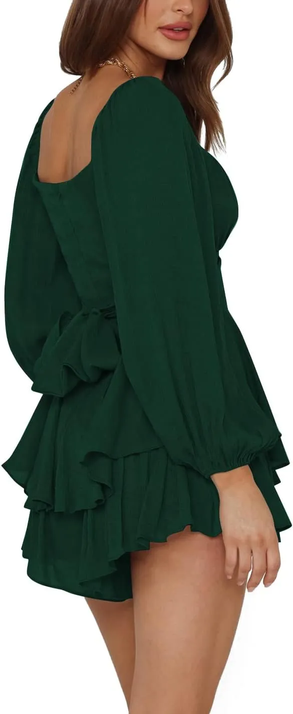 LYANER Women's Jumpsuit Lantern Long Sleeve Ruffle Layer Tie Mini Short Romper