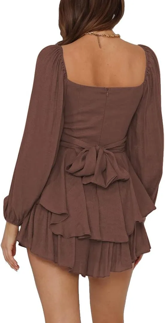 LYANER Women's Jumpsuit Lantern Long Sleeve Ruffle Layer Tie Mini Short Romper