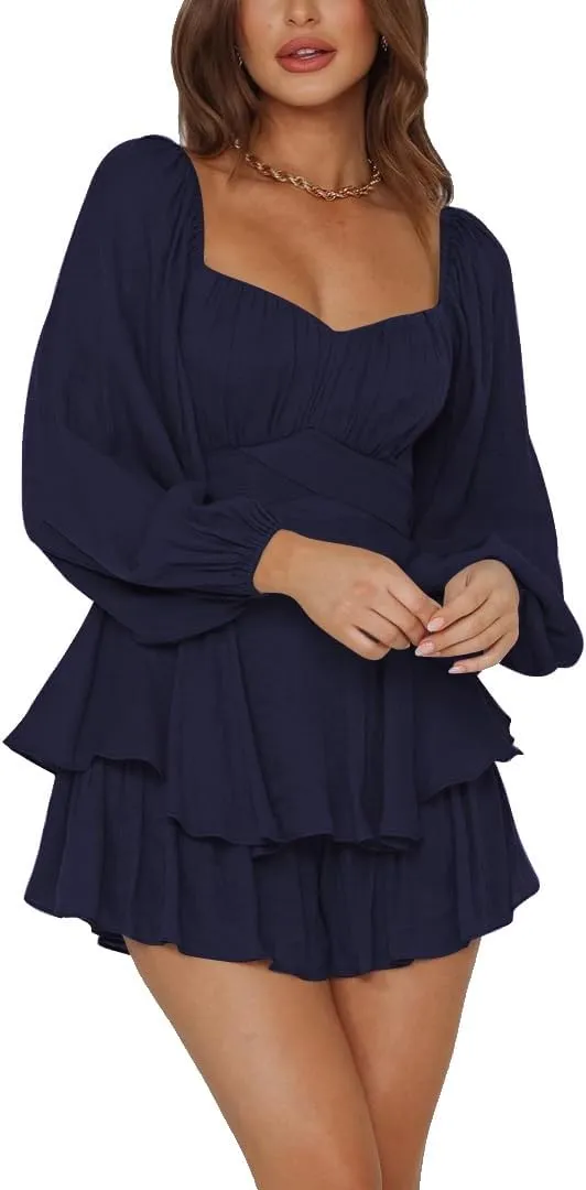 LYANER Women's Jumpsuit Lantern Long Sleeve Ruffle Layer Tie Mini Short Romper