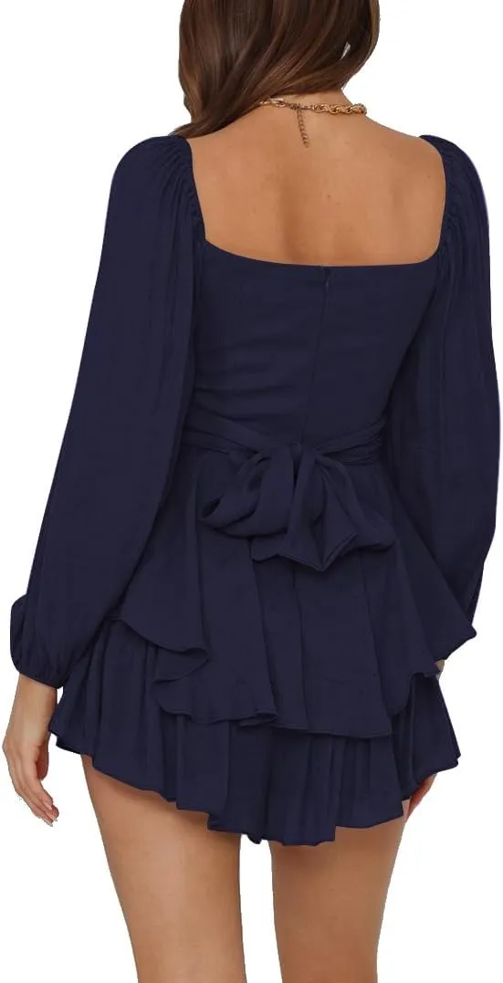 LYANER Women's Jumpsuit Lantern Long Sleeve Ruffle Layer Tie Mini Short Romper