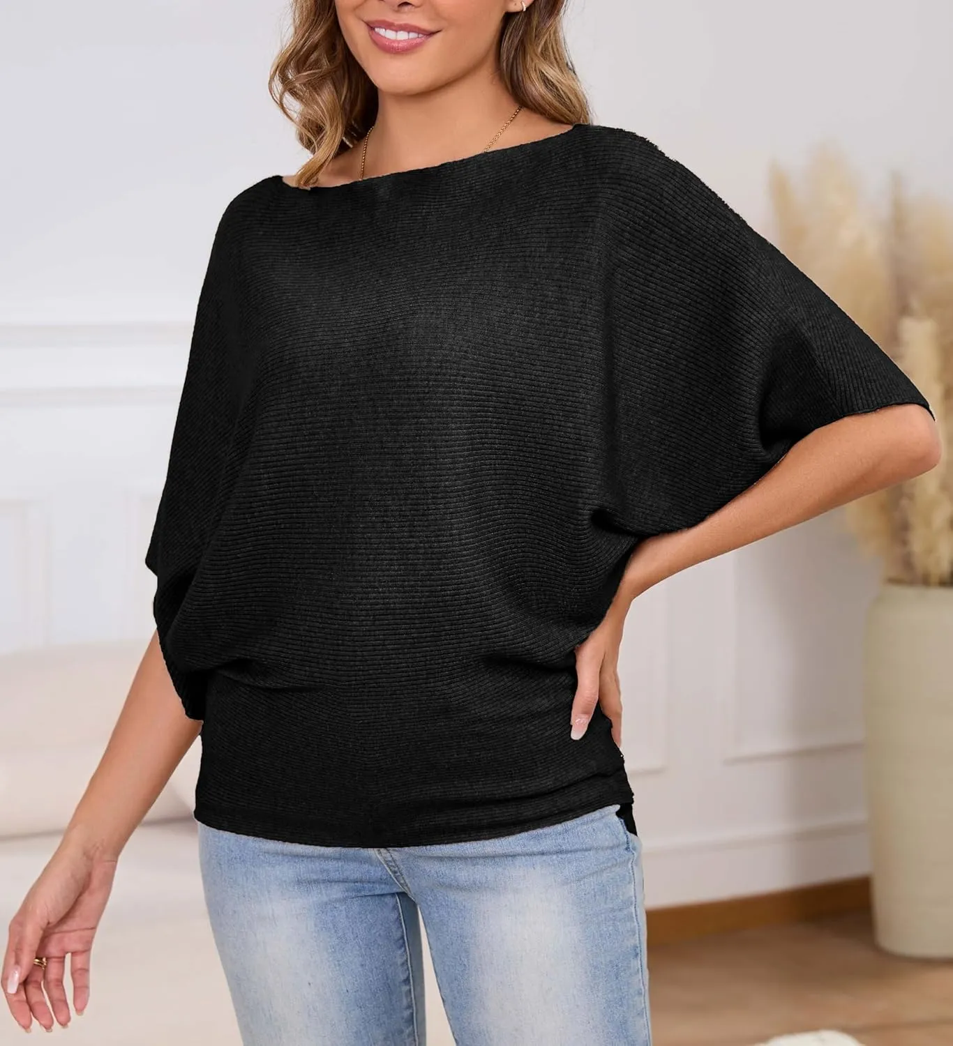 MAKARTHY Womens Batwing Sleeves Knitted Dolman Pullovers Boat Neck Tops Sweatershirts