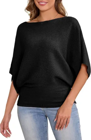 MAKARTHY Womens Batwing Sleeves Knitted Dolman Pullovers Boat Neck Tops Sweatershirts
