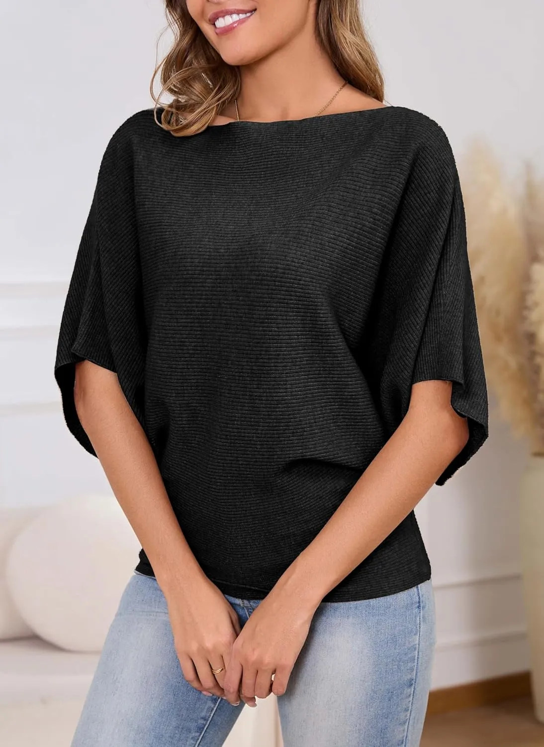 MAKARTHY Womens Batwing Sleeves Knitted Dolman Pullovers Boat Neck Tops Sweatershirts