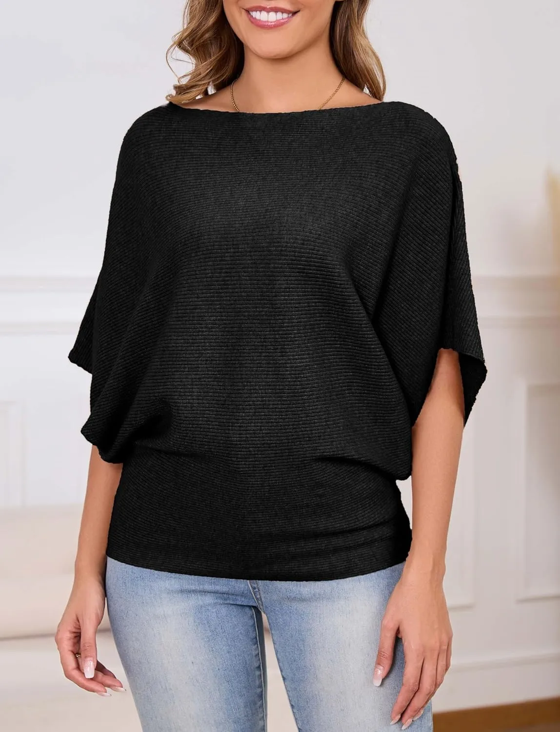 MAKARTHY Womens Batwing Sleeves Knitted Dolman Pullovers Boat Neck Tops Sweatershirts