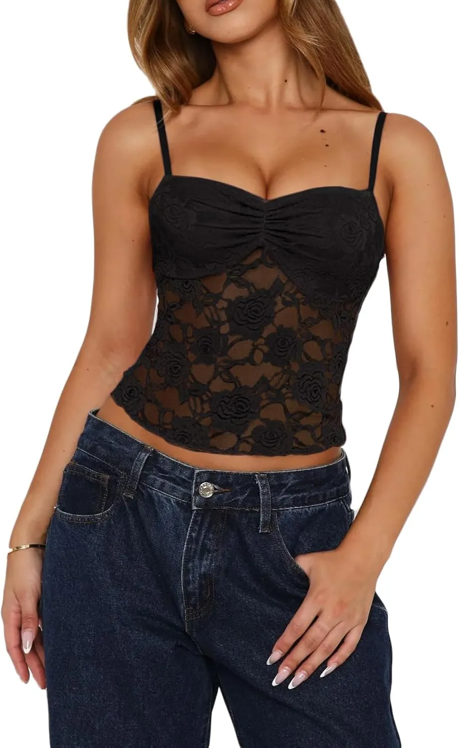 Meihuida Women Lace Top Y2k Going Out Trendy Sexy Mesh See Through Cami Tank Tops