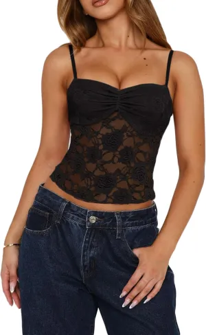 Meihuida Women Lace Top Y2k Going Out Trendy Sexy Mesh See Through Cami Tank Tops