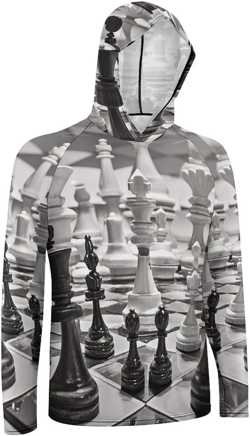 Men's UPF 50  Sun Protection Hoodie Outdoor UV Shirts Black and White Chess Long Sleeve Quick Dry Fishing Hiking Shirt