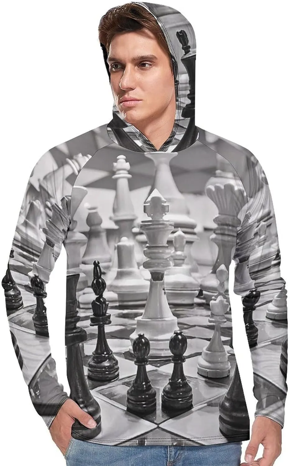 Men's UPF 50  Sun Protection Hoodie Outdoor UV Shirts Black and White Chess Long Sleeve Quick Dry Fishing Hiking Shirt