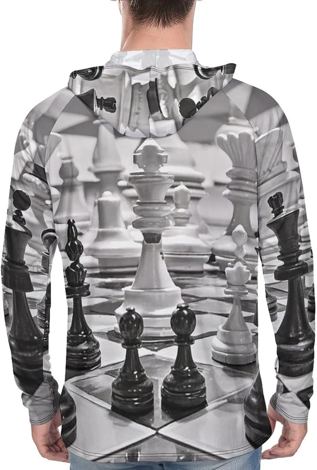 Men's UPF 50  Sun Protection Hoodie Outdoor UV Shirts Black and White Chess Long Sleeve Quick Dry Fishing Hiking Shirt