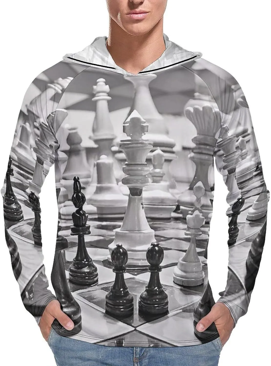 Men's UPF 50  Sun Protection Hoodie Outdoor UV Shirts Black and White Chess Long Sleeve Quick Dry Fishing Hiking Shirt
