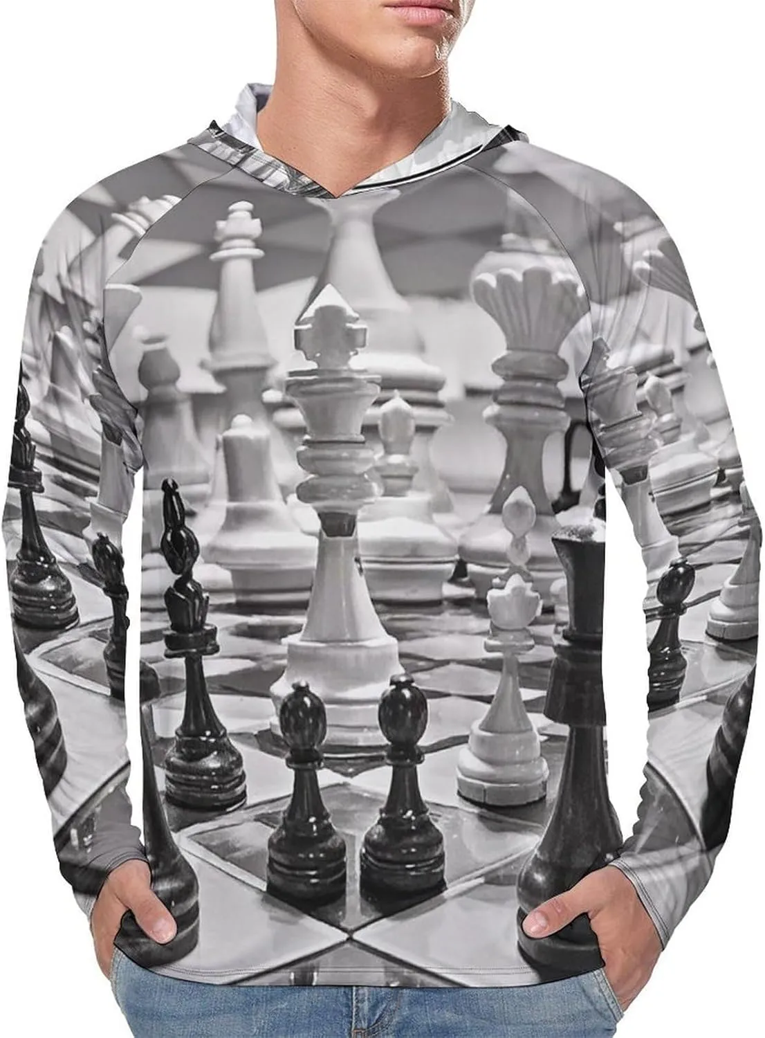 Men's UPF 50  Sun Protection Hoodie Outdoor UV Shirts Black and White Chess Long Sleeve Quick Dry Fishing Hiking Shirt