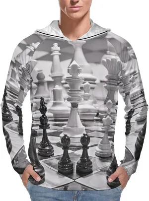 Men's UPF 50  Sun Protection Hoodie Outdoor UV Shirts Black and White Chess Long Sleeve Quick Dry Fishing Hiking Shirt