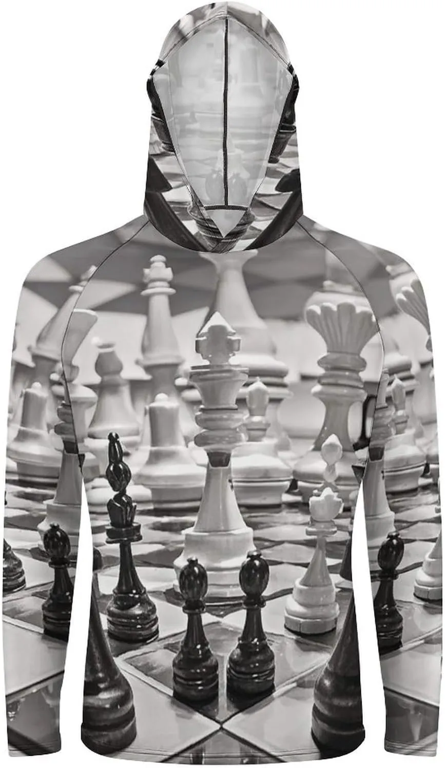 Men's UPF 50  Sun Protection Hoodie Outdoor UV Shirts Black and White Chess Long Sleeve Quick Dry Fishing Hiking Shirt