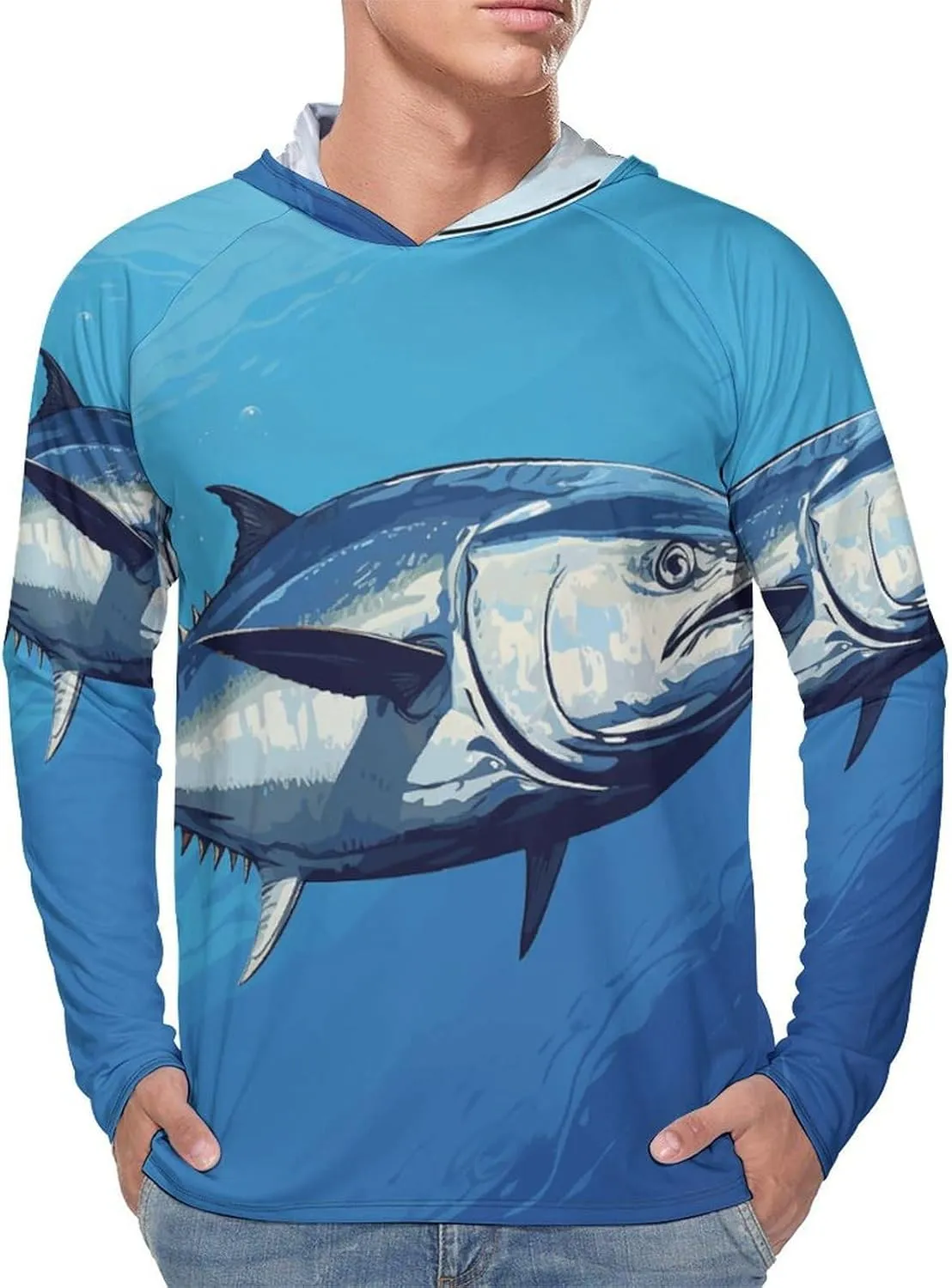 Men's UPF 50  Sun Protection Hoodie Outdoor UV Shirts Colorful Tuna Long Sleeve Quick Dry Fishing Hiking Shirt