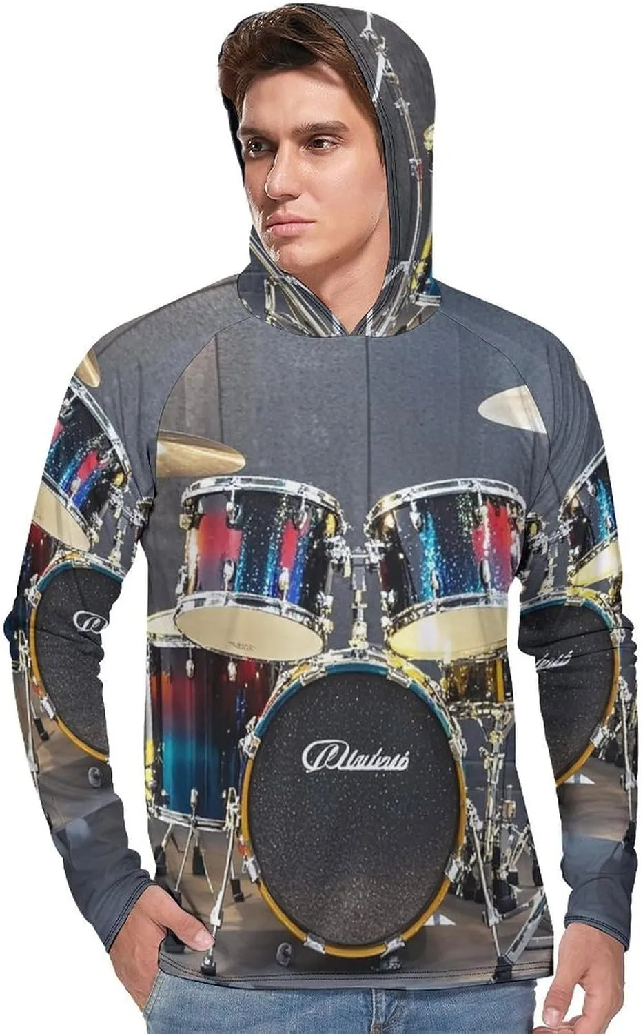 Men's UPF 50  Sun Protection Hoodie Outdoor UV Shirts Cool Drum Set Long Sleeve Quick Dry Fishing Hiking Shirt
